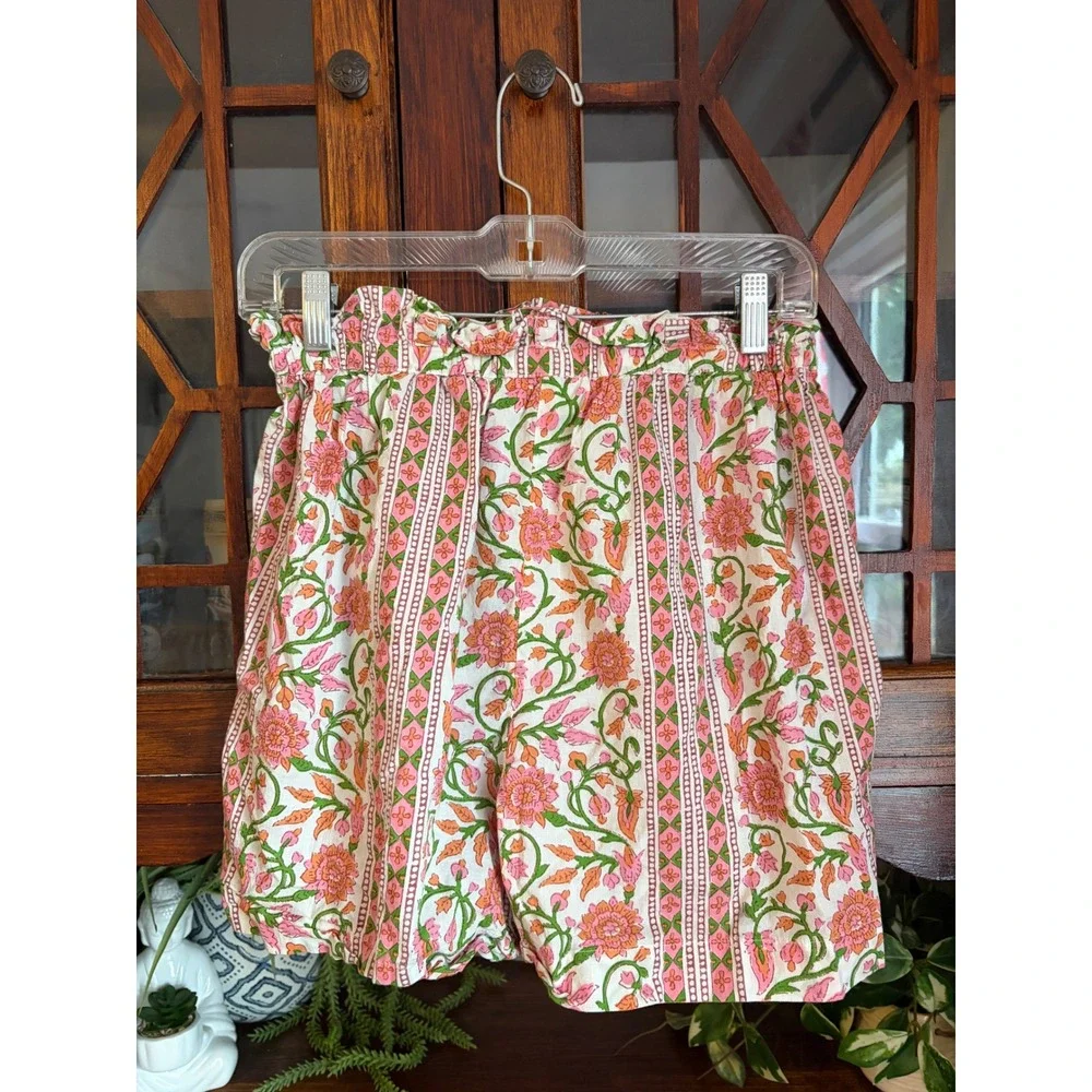 Mille Resort‎ Travel Floral Block Print Paperbag Waist Shorts Pink Green XS